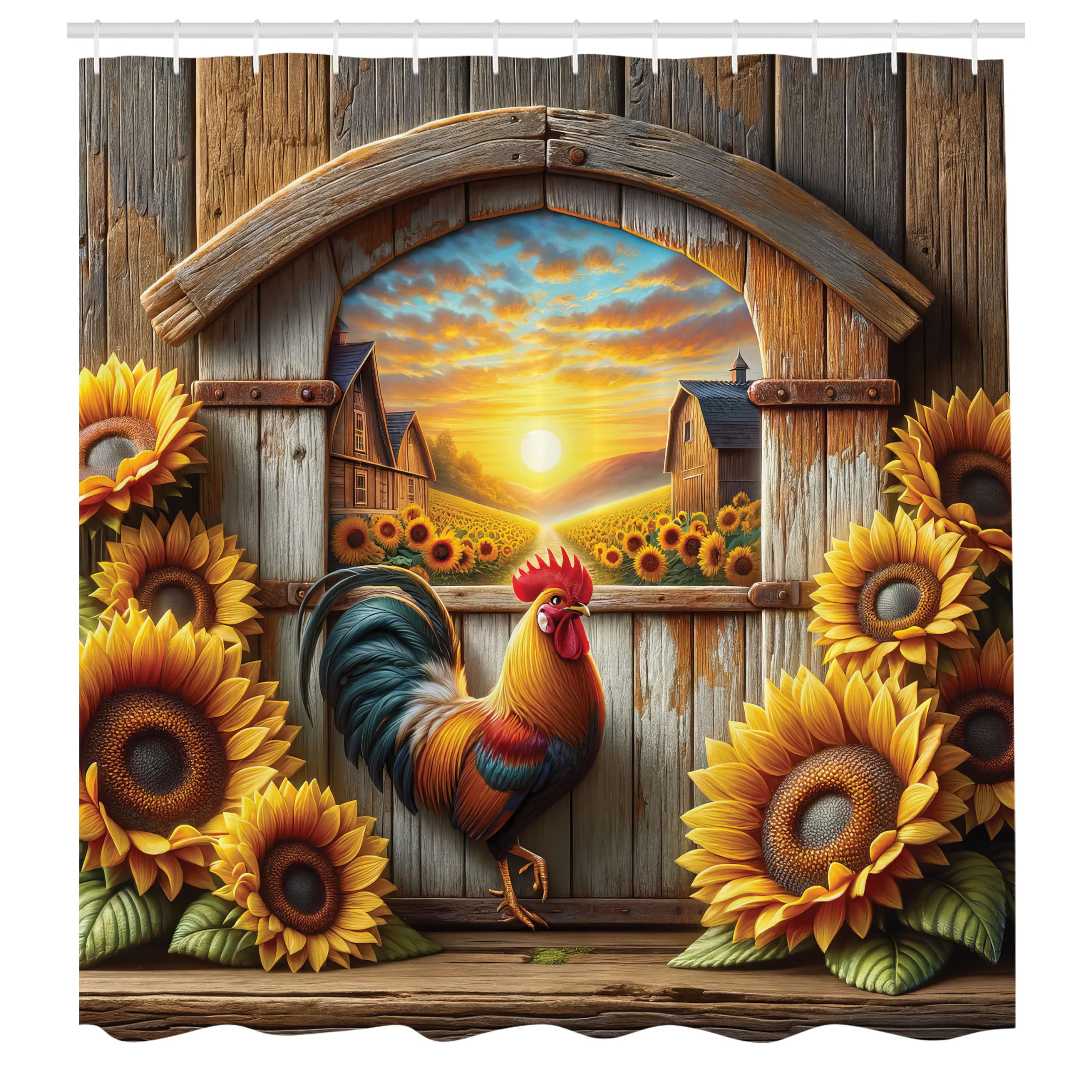 Ambesonne Rustic Shower Curtain, Farmland Sunset With Rooster And Blooming Sunflowers Weathered Barn, Cloth Fabric Bathroom Deco